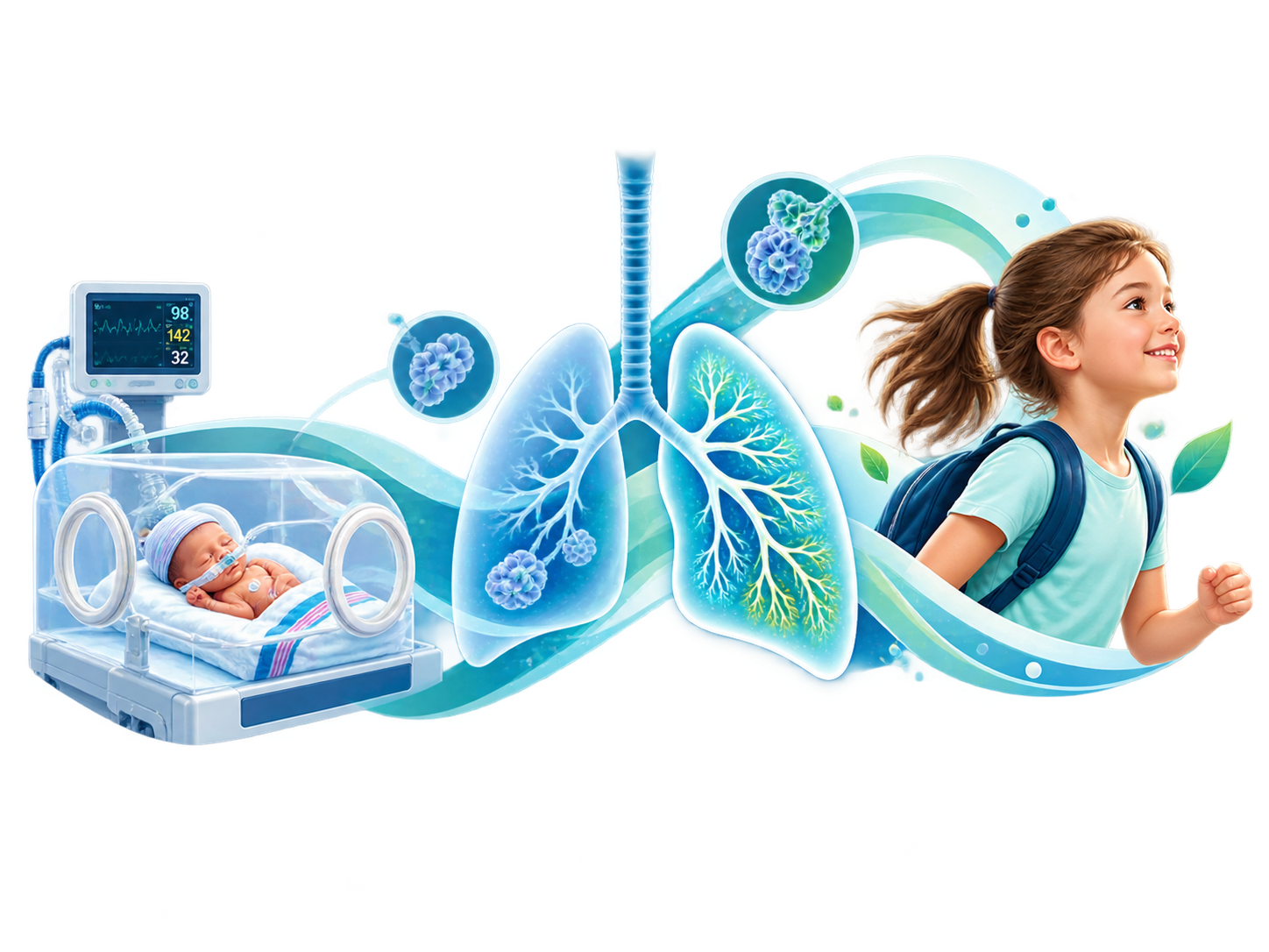 Illustration showing the journey from neonatal care to childhood lung health